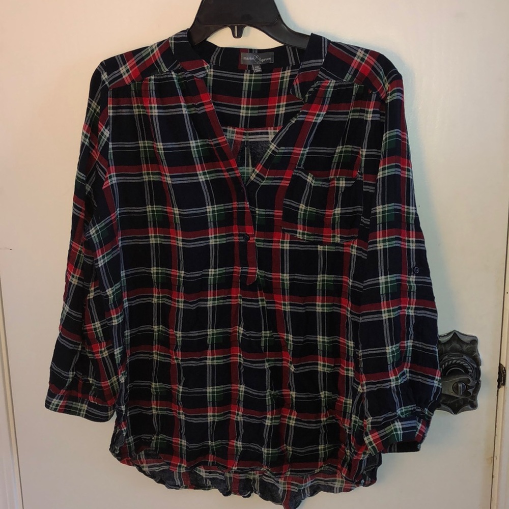 Red, navy, white, green plaid blouse